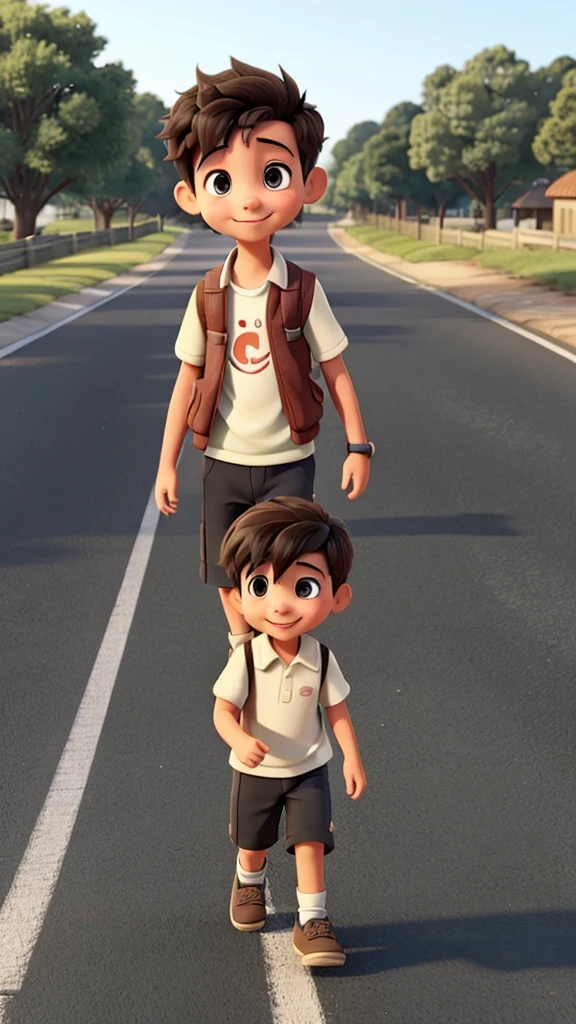 A boy was happily walking on the road when suddenly he met one of hiA boy was happily walking on the road.