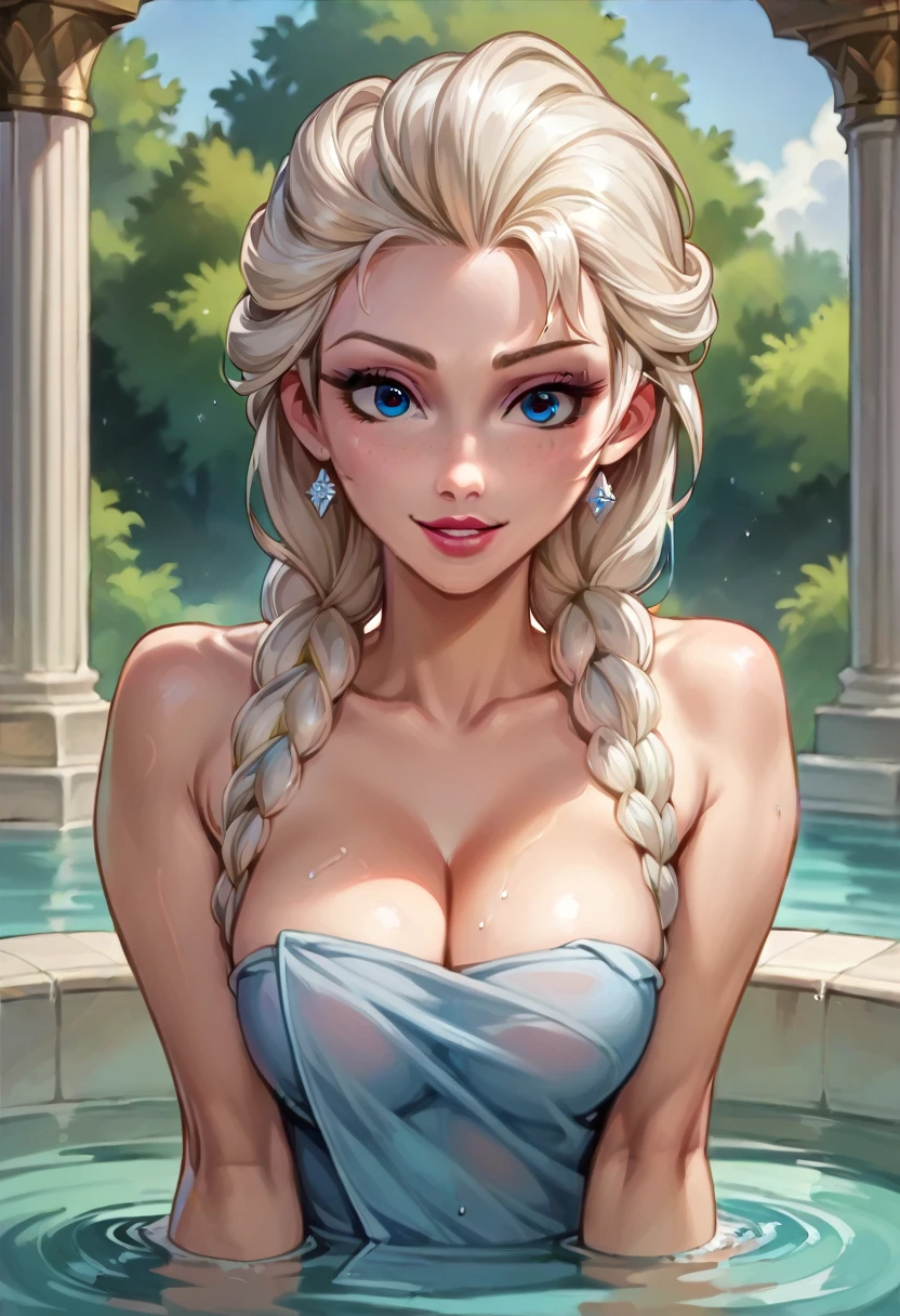 score_9, score_8_up, score_8_up, source_cartoon, detailed soft lighting, 1girl, Elsa from Frozen, braids, cleavage, wearing a towel, sitting outside on the edge of Japanese bath, very detailed, beautiful eyes, beautiful face, beautiful lips, model poses, pretty smile, parted lips, (masterpiece, best quality, highly detailed, beautiful).