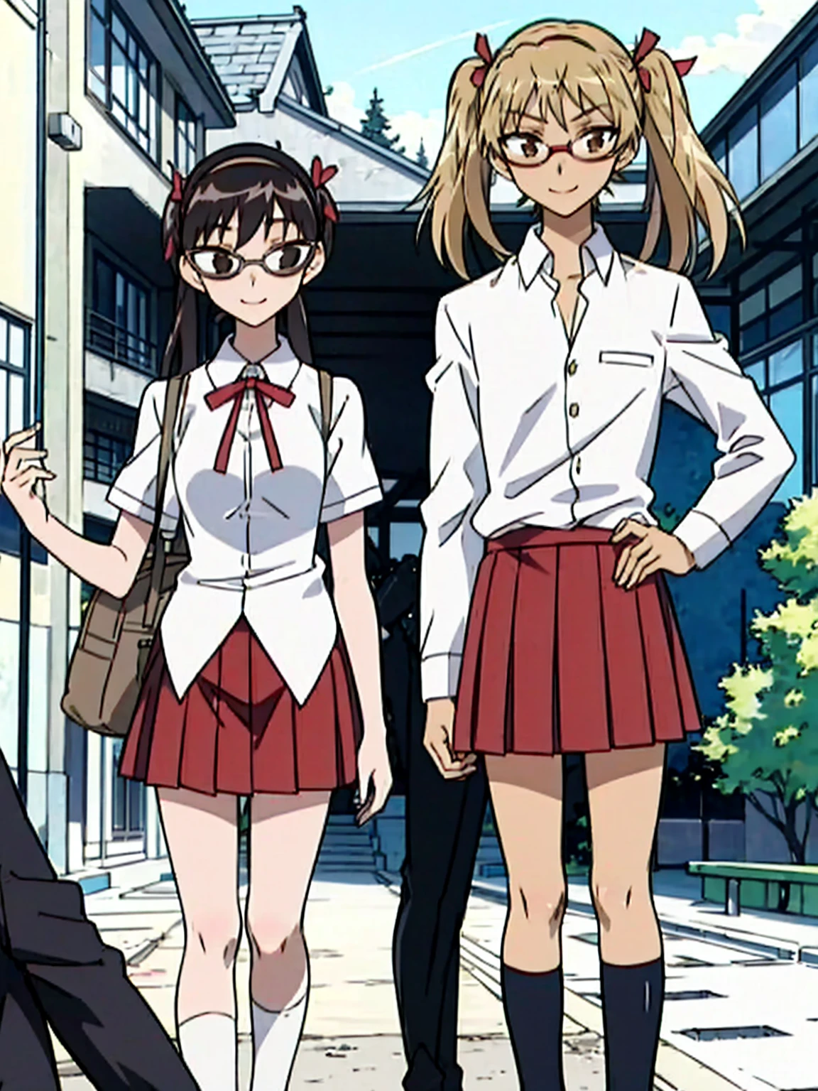 1 boy and 1 girl stand in the street,twintails,sawachika eri, brown eyes, hair ribbon,harimakenji, glasses, ,school uniform, red pleated skirt,eri,hairband, looking_at_viewer, serious, gakuran, white_shirt,smile,happy,two persons