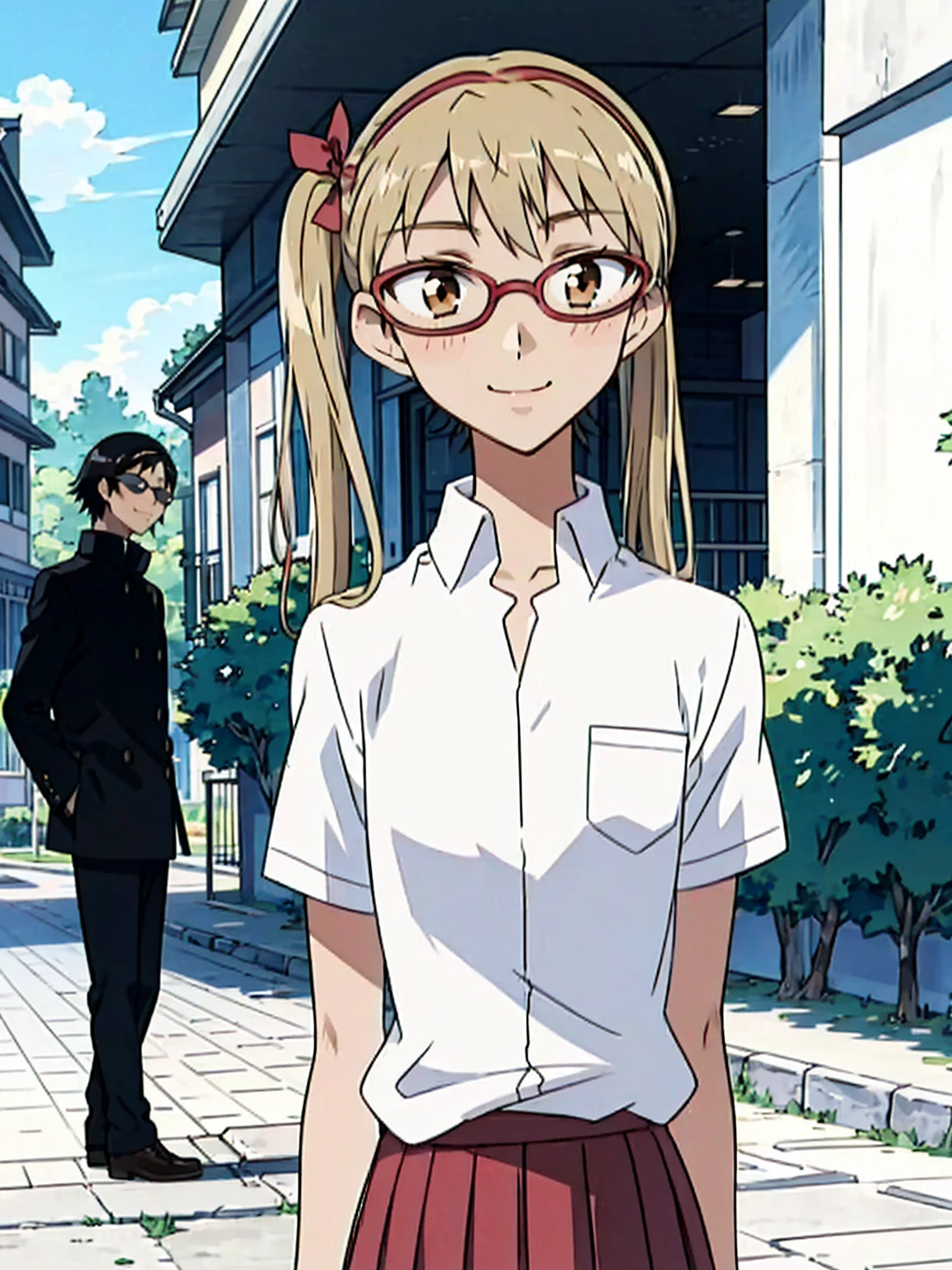 1 boy and 1 girl stand in the street,twintails,sawachika eri, brown eyes, hair ribbon,harimakenji, glasses, ,school uniform, red pleated skirt,eri,hairband, looking_at_viewer, serious, gakuran, white_shirt,smile,happy,two persons