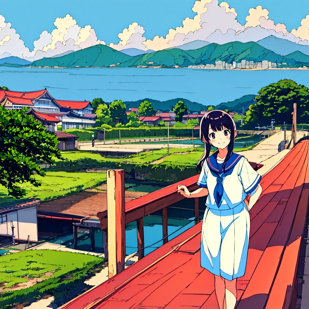 Japanese landscape, summer, nostalgic, handwritten style, sailor suit girl smiling、Azemichi、Rural Building