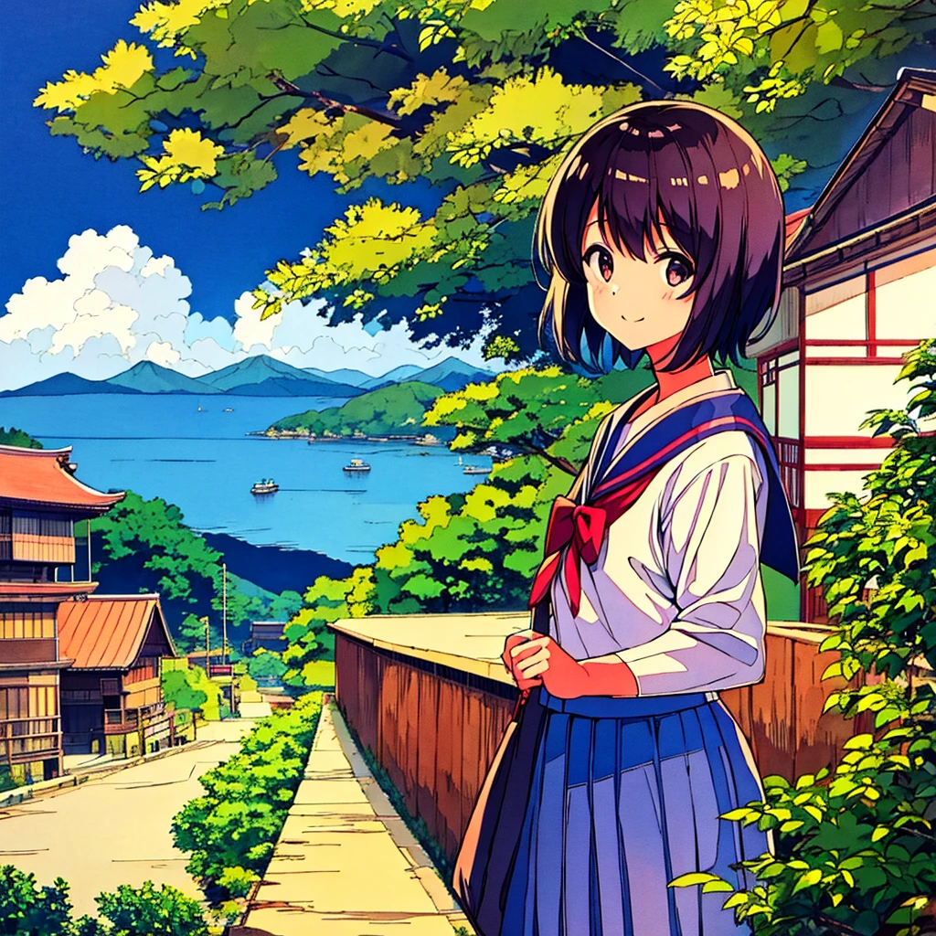 Japanese landscape, summer, nostalgic, handwritten style, sailor suit girl smiling、Azemichi、Rural Building