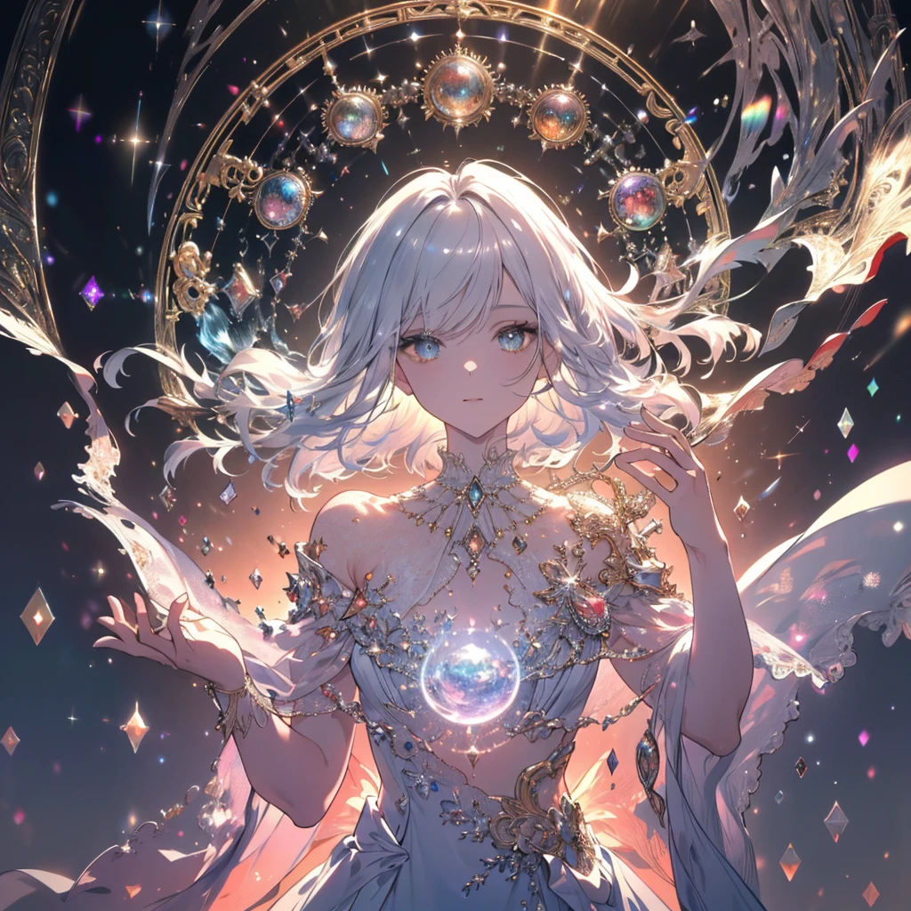 High definition RAW color art, Animation,sculptures, Silver Marble Skin, (((Ultra detailed elegant))), Magical atmosphere, Detailed skin, Texture,(Intricately detailed, Fine detail, ultra-detail art), depth of field, bokeh, Silky Touch, Hyper Detail, beautiful eyes, elegant face, magic circle, sunrise, upper body, abs