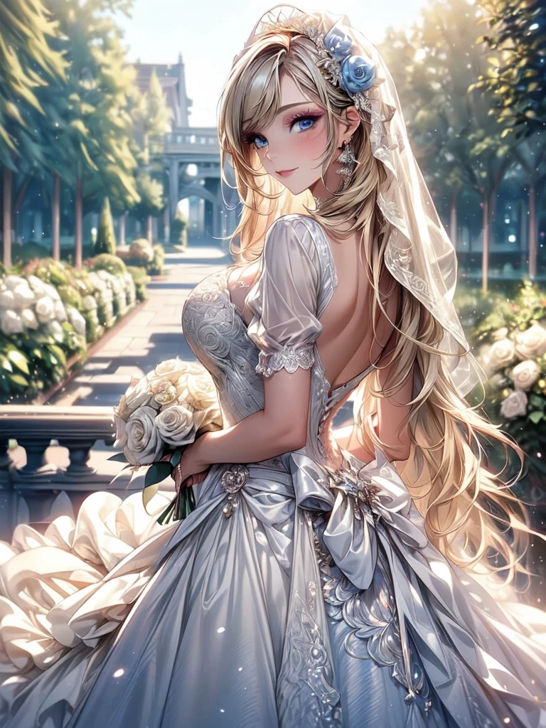 (masterpiece, best quality, beautiful and aesthetic:1.3), look back, looking at viewer, 1girl, solo, light smile, (makeup, long hair, light beige hair, blue eyes:1.2), Octane Render, bridal veil, lace-trimmed dress, see-through, wedding dress, outdoors, white roses, garden, morning, standing, extreme detailed, vivid color,