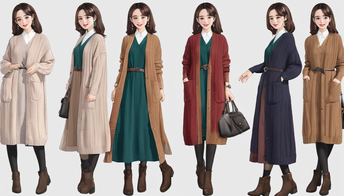 Detailed background、top-quality、30 generations of beauty、Cute hairstyle、huge-breasted、Smiling、Ladylike knitted dress style、Choosing a midi length knitted dress、On top iark the waist with a woolen long cardigan or belt、Emphasize the silhouette、Align your feet with tall boots or loafers