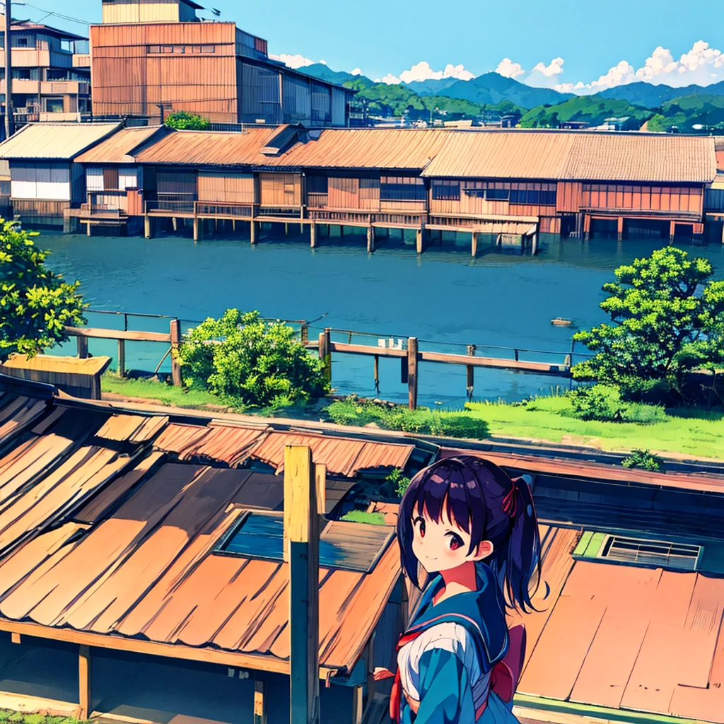Japanese landscape, summer, nostalgic, handwritten style, sailor suit girl smiling、Azemichi、Rural Building