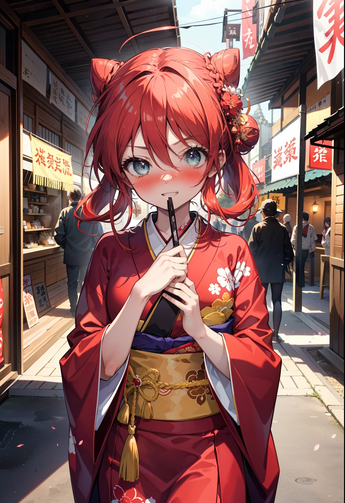 Shana,灼眼のShana,Long Hair, Redhead, Red eyes,Ahoge,smile,blush,Open your mouth,Hair Bun, single Hair Bun,blush,Red Kimono,Thick sleeves,Red long skirt,日本のfestival,夏festivalの屋台,Red lantern, break looking at viewer, Upper Body, break outdoors, shrine,festival, break (masterpiece:1.2), Highest quality, High resolution, unity 8k wallpaper, (shape:0.8), (Beautiful and beautiful eyes:1.6), Highly detailed face, Perfect lighting, Highly detailed CG, (Perfect hands, Perfect Anatomy),