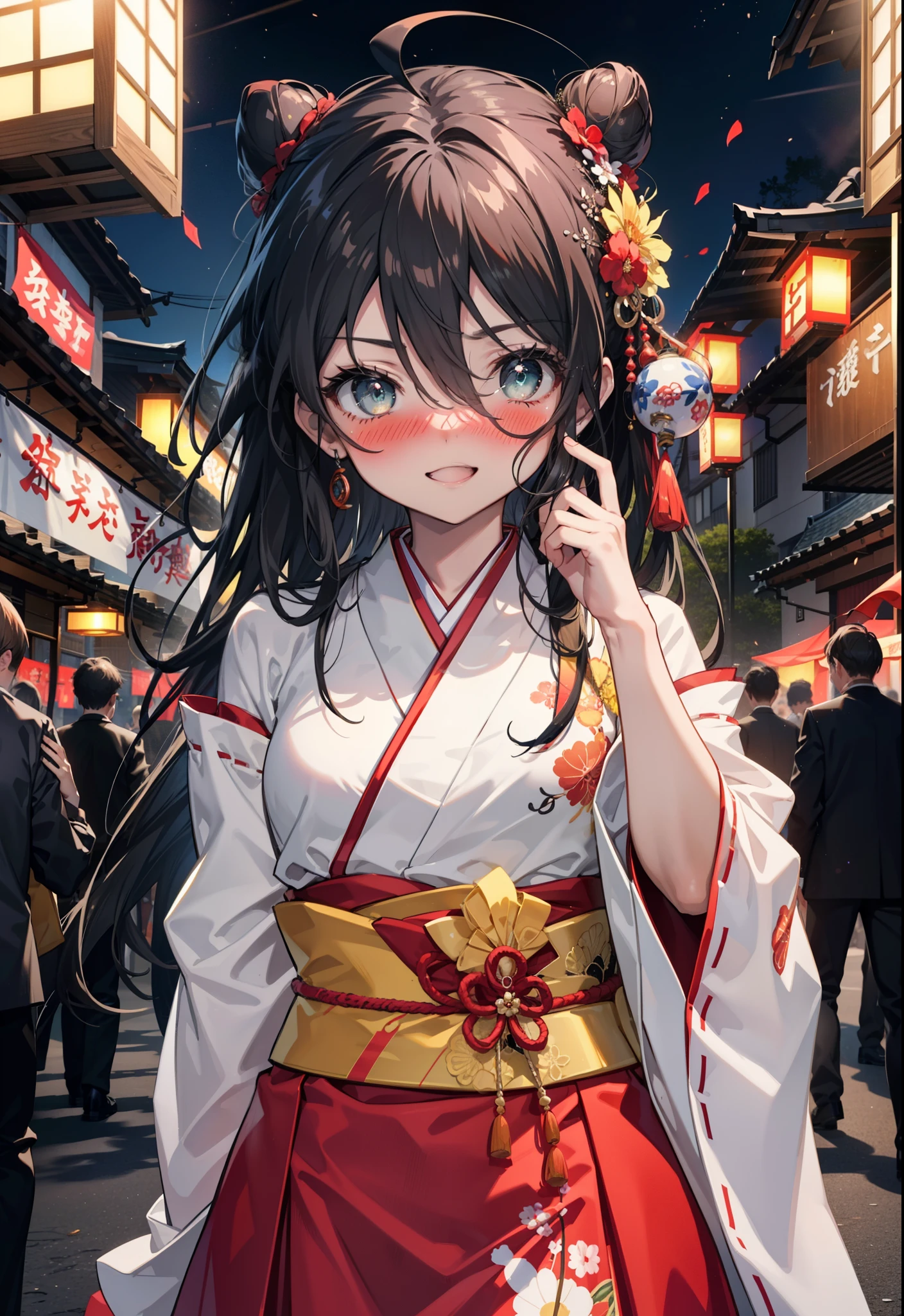 Shana,灼眼のShana,Long Hair, Redhead, Red eyes,Ahoge,smile,blush,Open your mouth,Hair Bun, single Hair Bun,blush,Red Kimono,Thick sleeves,Red long skirt,日本のfestival,夏festivalの屋台,Red lantern, break looking at viewer, Upper Body, break outdoors, shrine,festival, break (masterpiece:1.2), Highest quality, High resolution, unity 8k wallpaper, (shape:0.8), (Beautiful and beautiful eyes:1.6), Highly detailed face, Perfect lighting, Highly detailed CG, (Perfect hands, Perfect Anatomy),
