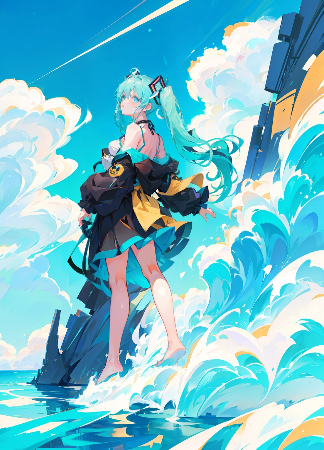 (masterpiece、Highest quality、Highest quality、Official Art、Beautiful and beautiful:1.2) Hatsune Miku, (One girl:1.3) with twin tails, features Beautiful breasts, showcasing a Logo with text "Harbour Bay Mouse" placed elegantly. The Wave Line Art Logo, bold in Black and dark blue, contrasts beautifully with the Light Blue and Bright Orange background. The design is minimal and pure, yet the detail is superb, focusing on a Whale in a simple yet super detailed silhouette. The attention to detail is evident in the Detail view, with Vectorization and precise use of Silhouette accentuating