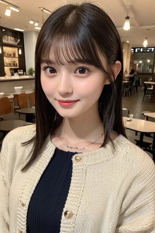 NFSW、masutepiece、masterpiece、1 girl in、(close up of face、cowboy shot)、Straight front view、japanes、very young cute woman、(The cutest girl in the world)、15yo student、Smaller face、large full breasts、Autumn knit jacket、sheer inner、Chiffon skirt、Ultra-detailed costumes、Smiling in a café、Scrunchie、Thin necklace、Glamorous figure、hyper cute face、shiny lip、Double eyelids in both eyes、 natural make up、long eyeslashes、shiny smooth light brown hair、bangss、Short twin tail hair、asymmetrical bangs、image in center、8K resolution、high details、Detailed hairstyles、A detailed face、spectacular movie lighting、octane renderings、with a vibrant、Ultra-realistic、Perfect limbs、perfect anatomia