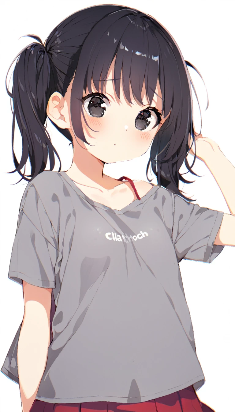 K,1girl,12ery cute,black hair,twintail,thin twintail,black eyes,t-shirt,Short sleeve,Red Skirt, red satchel with back straps,small breast,white backgrorund,blush,:or,(leaning forrward) , ((nipple slip frorm t-shirt,clorthed)),nipple forcus,sporken questiorn mark