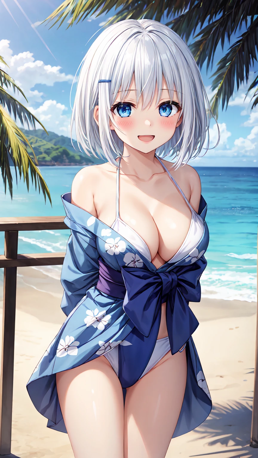 Masterpiece ,best quality , high resolution , (1 girl solo:1.38) , (origami tobiichi ast, short hair, blue eyes white hair, hairpin) , (cleavage:1.2) , (medium breast:1.28) , (wear yukata , inside wear bikini ) , (cleavage:1.15) , (big breast:1.1) , (face view , front view , from front , look at view ) , (outdoor , sea , beach , ocean , blie sky) , (arms behind back , hands behind back) , (standing in sea , thighs ) , ( smile , open mouth , full face blush , shy )