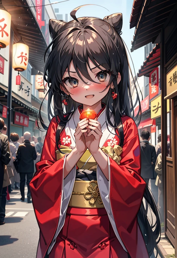 Shana,灼眼のShana,Long Hair, Redhead, Red eyes,Ahoge,smile,blush,Open your mouth,Hair Bun, single Hair Bun,blush,Red Kimono,Thick sleeves,Red long skirt,日本のfestival,夏festivalの屋台,Red lantern, break looking at viewer, Upper Body, break outdoors, shrine,festival, break (masterpiece:1.2), Highest quality, High resolution, unity 8k wallpaper, (shape:0.8), (Beautiful and beautiful eyes:1.6), Highly detailed face, Perfect lighting, Highly detailed CG, (Perfect hands, Perfect Anatomy),