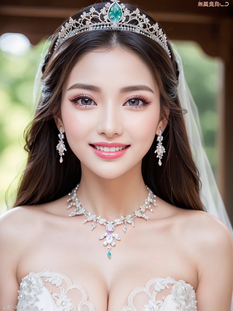 (Highest quality、Tabletop、8K、Best image quality、Award-winning works)、One beautiful bride、(alone:1.1)、(The most extravagant and gorgeous huge wedding dresses:1.1)、(Perfect Wedding Lace:1.2)、(The most extravagant and luxurious giant tiara:1.1)、(The most extravagant and luxurious giant necklace:1.1)、The most beautiful smile is looking at me、A wide selection of the finest jewellery、(Bridal upper body photo:1.1)、Perfect Makeup、Long eyelashes、Ultra HD Shining Eyes、Ultra HD Hair、Ultra-high resolution glossy lips、Ultra High Resolution Perfect Teeth、Super high resolution beautiful face、(Accurate anatomy:1.1)、(Very bright and beautiful skin:1.2)、(very bright and vivid:1.2)、(Blurred fresh natural background:1.1)