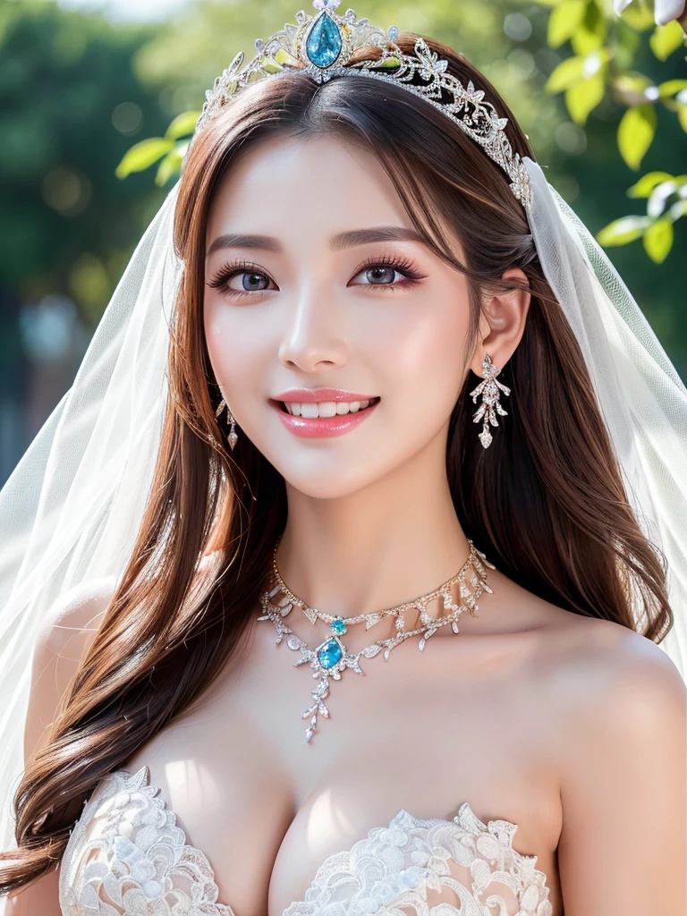 (Highest quality、Tabletop、8K、Best image quality、Award-winning works)、One beautiful bride、(alone:1.1)、(The most extravagant and gorgeous huge wedding dresses:1.1)、(Perfect Wedding Lace:1.2)、(The most extravagant and luxurious giant tiara:1.1)、(The most extravagant and luxurious giant necklace:1.1)、The most beautiful smile is looking at me、A wide selection of the finest jewellery、(Bridal upper body photo:1.1)、Perfect Makeup、Long eyelashes、Ultra HD Shining Eyes、Ultra HD Hair、Ultra-high resolution glossy lips、Ultra High Resolution Perfect Teeth、Super high resolution beautiful face、(Accurate anatomy:1.1)、(Very bright and beautiful skin:1.2)、(very bright and vivid:1.2)、(Blurred fresh natural background:1.1)