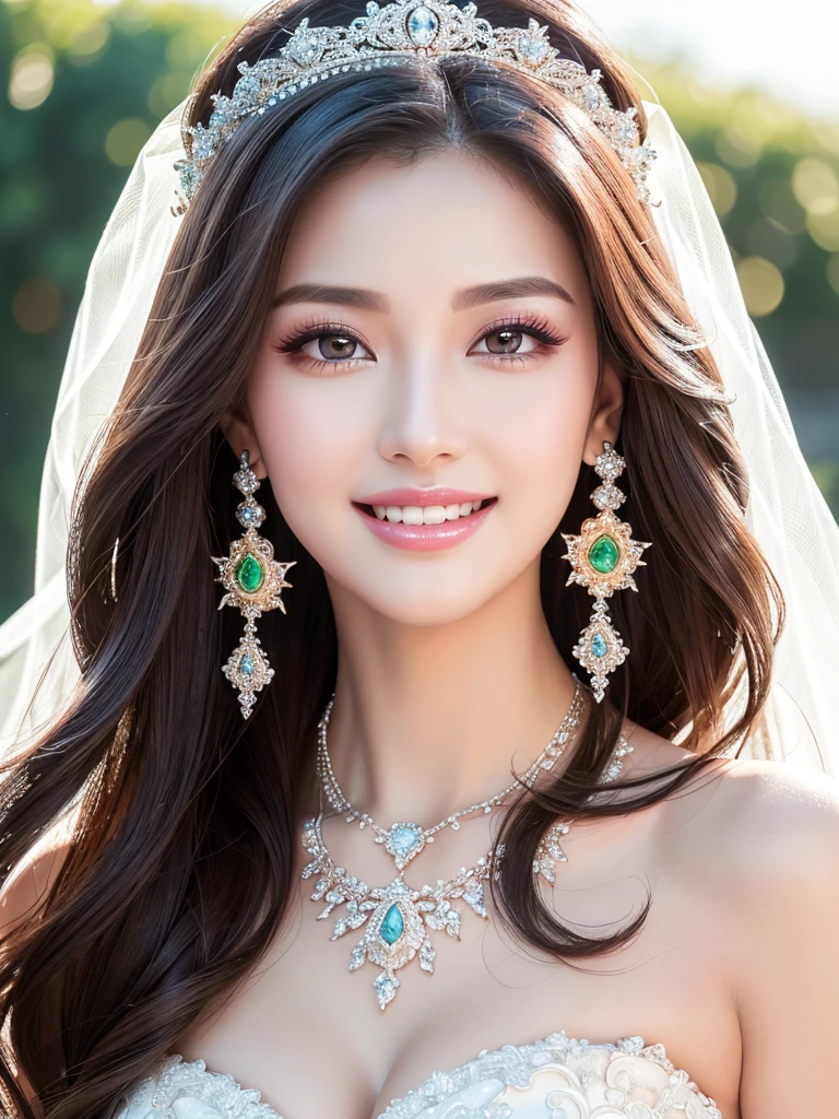 (Highest quality、Tabletop、8K、Best image quality、Award-winning works)、One beautiful bride、(alone:1.1)、(The most extravagant and gorgeous huge wedding dresses:1.1)、(Perfect Wedding Lace:1.2)、(The most extravagant and luxurious giant tiara:1.1)、(The most extravagant and luxurious giant necklace:1.1)、The most beautiful smile is looking at me、A wide selection of the finest jewellery、(Bridal upper body photo:1.1)、Perfect Makeup、Long eyelashes、Ultra HD Shining Eyes、Ultra HD Hair、Ultra-high resolution glossy lips、Ultra High Resolution Perfect Teeth、Super high resolution beautiful face、(Accurate anatomy:1.1)、(Very bright and beautiful skin:1.2)、(very bright and vivid:1.2)、(Blurred fresh natural background:1.1)