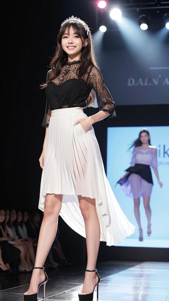 Amazingly large eyes、Smiling expression with white teeth visible、H cup bust、50cm waist、Slender and fair-skinned、Japan woman with long hair、20-year-old、Slim figure、Wearing a pleated skirt and a sheer lace blouse that flutters in the vivid breeze、Wearing high heels。On the runway at a fashion show、Her whole body was shown, from her high heels to her head, as she walked towards the viewer.、Bright, photo-quality images。
