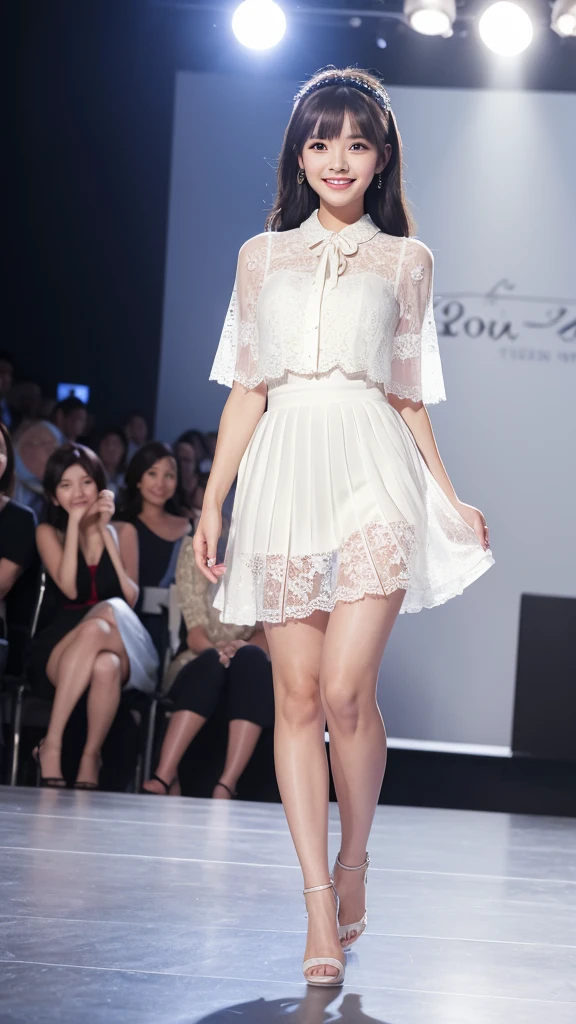 Amazingly large eyes、Smiling expression with white teeth visible、H cup bust、50cm waist、Slender and fair-skinned、Japan woman with long hair、20-year-old、Slim figure、Wearing a pleated skirt and a sheer lace blouse that flutters in the vivid breeze、Wearing high heels。On the runway at a fashion show、Her whole body was shown, from her high heels to her head, as she walked towards the viewer.、Bright, photo-quality images。