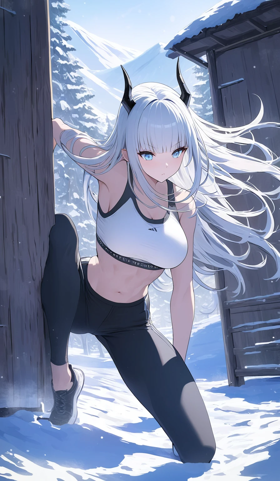 Masterpiece, very detailed, ultra detailed, one, (1 woman), sport body, athletic body, six press packages, relief press, she in a white sports bra and tight black jeans, in a stable and fighting position, long hair, straight hair and straight bangs, bright white hair, bright snow demonic horns, with large breasts, beautiful, charming, light blue eyes, elegant, neutral face, charming, charming, against the background of nature and mountains.