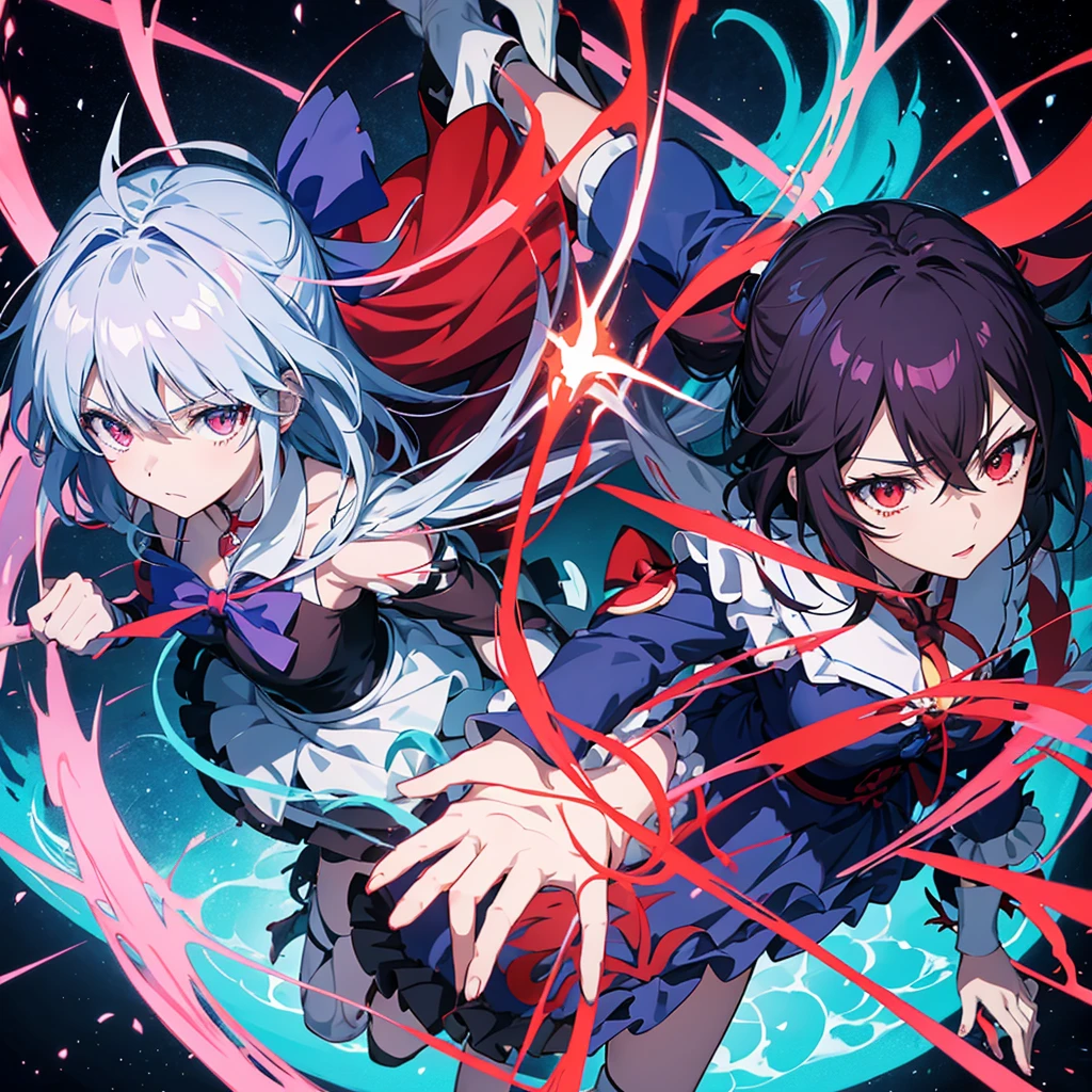 anime characters in a split picture with a red and blue background, gapmoe yandere grimdark, anime moe artstyle, from touhou, attractive matoi ryuko, ryuko matoi, demon anime girl, touhou character, anime style like fate/stay night, blue and red, ufotable art style, battle between good and evil