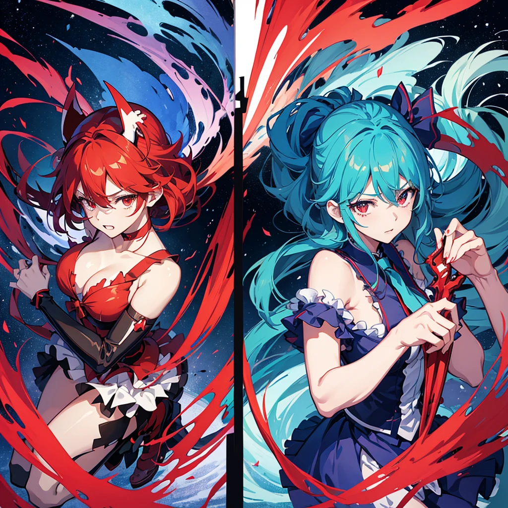 anime characters in a split picture with a red and blue background, gapmoe yandere grimdark, anime moe artstyle, from touhou, attractive matoi ryuko, ryuko matoi, demon anime girl, touhou character, anime style like fate/stay night, blue and red, ufotable art style, battle between good and evil