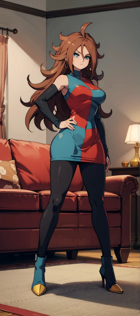 android 21, cups, pose lateral, She is sideways to the spectator, long brown hair, blue colored eyes, plaid dress, pantyhose, looking to the side, pose lateral, standing, ele está standing, serious, legs spread open, livingroom, light bulb, high qualiy, work of art, legs thick, big-ass, body healed,