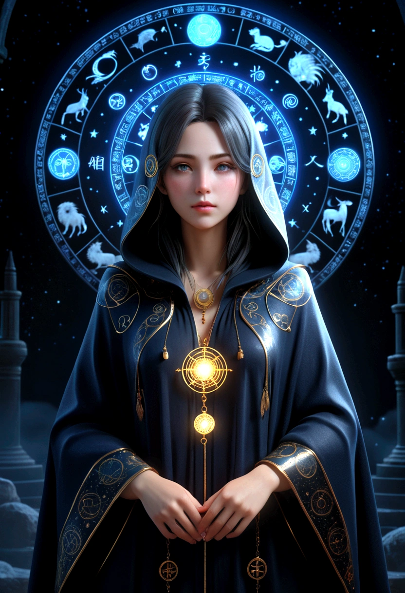 an astrologer female, anime style, full body, tall girl, high pose, perfect pose, perfect body, unseen face, hidden face in the dark, mystical cloak with zodiac images, luminescent zodiac circle surrounded, mythical zodiac creatures around, darkness atmosphere, photorealistic, epic realism, unreal engine, digitally enhanced, super detailed, high resolution, UHD, 8k