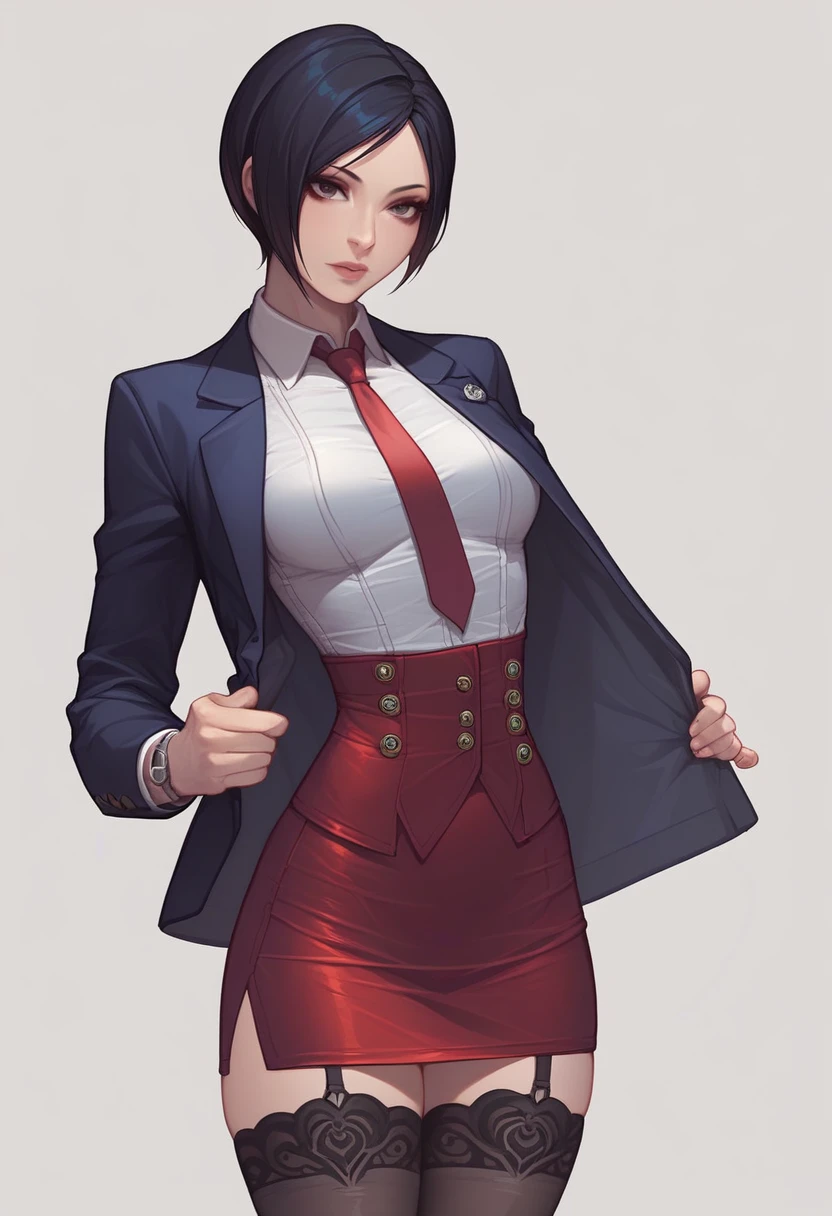 Ada Wong, skirt suit, (((three-piece suit))), (((dress shirt))), (((necktie))), (((blazer))), (((suit jacket))), (waistcoat), double-breasted waistcoat, (((bodycon miniskirt))), stockings, pocket square, cufflinks,