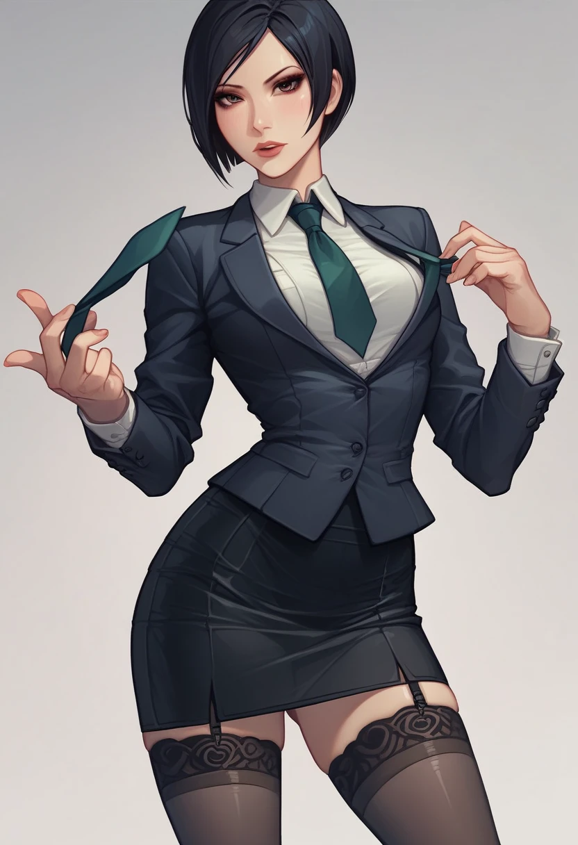 Ada Wong, skirt suit, (((three-piece suit))), (((dress shirt))), (((necktie))), (((blazer))), (((suit jacket))), (waistcoat), double-breasted waistcoat, (((bodycon miniskirt))), stockings, pocket square, cufflinks,