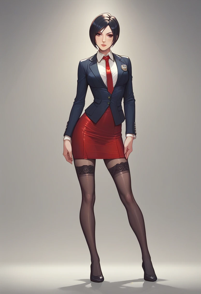 Ada Wong, skirt suit, (((three-piece suit))), (((dress shirt))), (((necktie))), (((blazer))), (((suit jacket))), (waistcoat), double-breasted waistcoat, (((bodycon miniskirt))), stockings, pocket square, cufflinks,