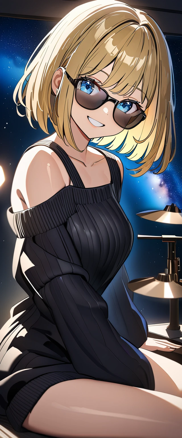 ((grin)), ((off-shoulder sweater:1.3, Quite thick shoulder straps)), ((black sweater)), ((sunglasses, hand to sunglasses)), (((from side))), ((((cowboy shot)))), ((Leaning to side)), (((a beautiful starry sky, the Milky Way shining beautifully in the night))), ((sitting on the very high cliff)), wavy hair, inward curled hair, ((sea)), ((blond hair, bob cut:1.3)), breasts, ager, (looking at viewer), oversized clothes, puffy long sleeves, collarbone, head tilt:1.3, (((blue eyes))), happy smile, (((anime style))), (best quality, 4K, 8K, highres, masterpiece:1.2, ultra-detailed, ultra-detailed eyes, HDR, uhd, studio lighting, ultra-fine painting, sharp focus, physically-based rendering, extreme detail description, professional, vivid colors, bokeh)