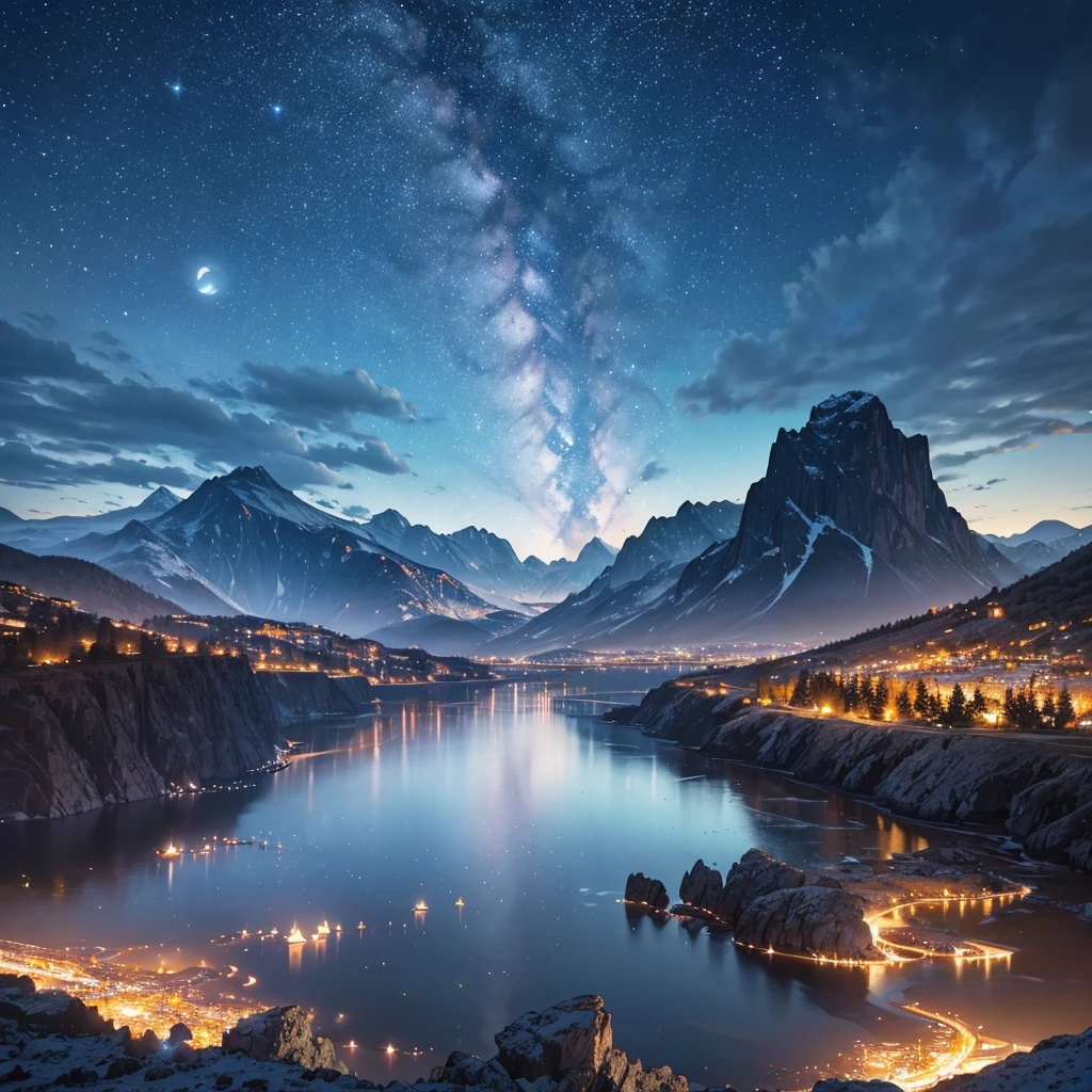 realistic night sky, starry night, full moon, mountains silhouettes, glowing clouds, dramatic lighting, wide angle shot, cinematic composition, high contrast, deep shadows, vivid colors, (best quality,4k,8k,highres,masterpiece:1.2),ultra-detailed,(realistic,photorealistic,photo-realistic:1.37),8k resolution, award winning photography, professional camera, stunning landscape