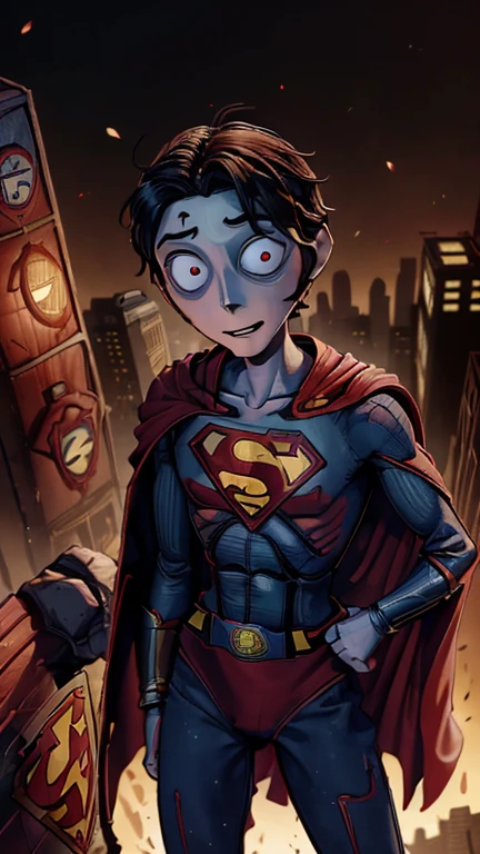 best quality,masterpiece,1boy,solo,(((13years old))),japanese boy,an extremely cute and handsome boy,highly detailed beautiful face and eyes,petit,cute face,lovely face,baby face,shy smile,show teeth, Black hair,Short hair,flat chest,skinny,slender,(((wearing a Superman costume,red cape))),(((standing in TimBurton animation style metropolis city))),he is looking at the viewer,