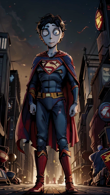 (8k),(masterpiece),(Japanese),(18-year-old male),((innocent look)),((mature)),From the front,smile,cute,Innocent,Kind eyes,Flat chest, DC Superman superhero,red cape,short,Hair blowing in the wind,Black Hair,Strong wind,midnight,dark,gothichorrorai Gotham City,TimBurton Animation