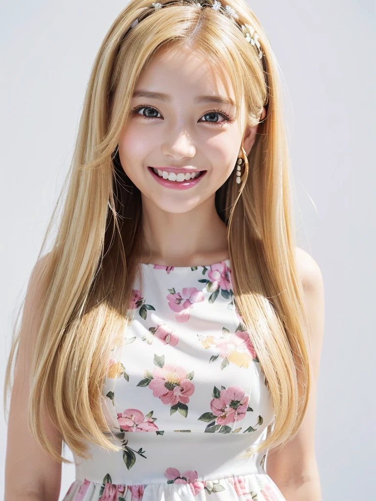 (Highest quality、8K、32k、masterpiece)、(Realistic)、(Realistic:1.2)、(High resolution)、Very detailed、Very beautiful face and eyes、1 Girl、Round and small face、Tight waist、Delicate body、(close、Highest quality、Attention to detail、Rich skin detail)、(Highest quality、8K、Oil paint:1.2)、Very detailed、(Realistic、Realistic:1.37)、Bright colors、(((blonde)))、(((Bust Shot)))、(((Long Hair)))、(((White wall background)))、(((White wall background)))、(((Floral Dress)))、(((She has a happy expression)))、(((smile)))、(((Wearing a white and pink dress)))、(((Look straight ahead)))、(((Long golden hair)))、(((Teeth are visible)))、(((Mobile phone operation)))、(((Playing with mobile phones)))