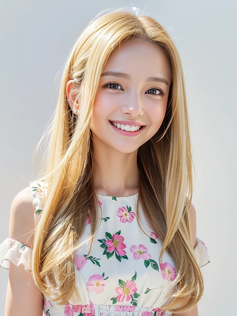 (Highest quality、8K、32k、masterpiece)、(Realistic)、(Realistic:1.2)、(High resolution)、Very detailed、Very beautiful face and eyes、1 Girl、Round and small face、Tight waist、Delicate body、(close、Highest quality、Attention to detail、Rich skin detail)、(Highest quality、8K、Oil paint:1.2)、Very detailed、(Realistic、Realistic:1.37)、Bright colors、(((blonde)))、(((Bust Shot)))、(((Long Hair)))、(((White wall background)))、(((White wall background)))、(((Floral Dress)))、(((She has a happy expression)))、(((smile)))、(((Wearing a white and pink dress)))、(((Look straight ahead)))、(((Long golden hair)))、(((Teeth are visible)))、(((Mobile phone operation)))、(((Playing with mobile phones)))