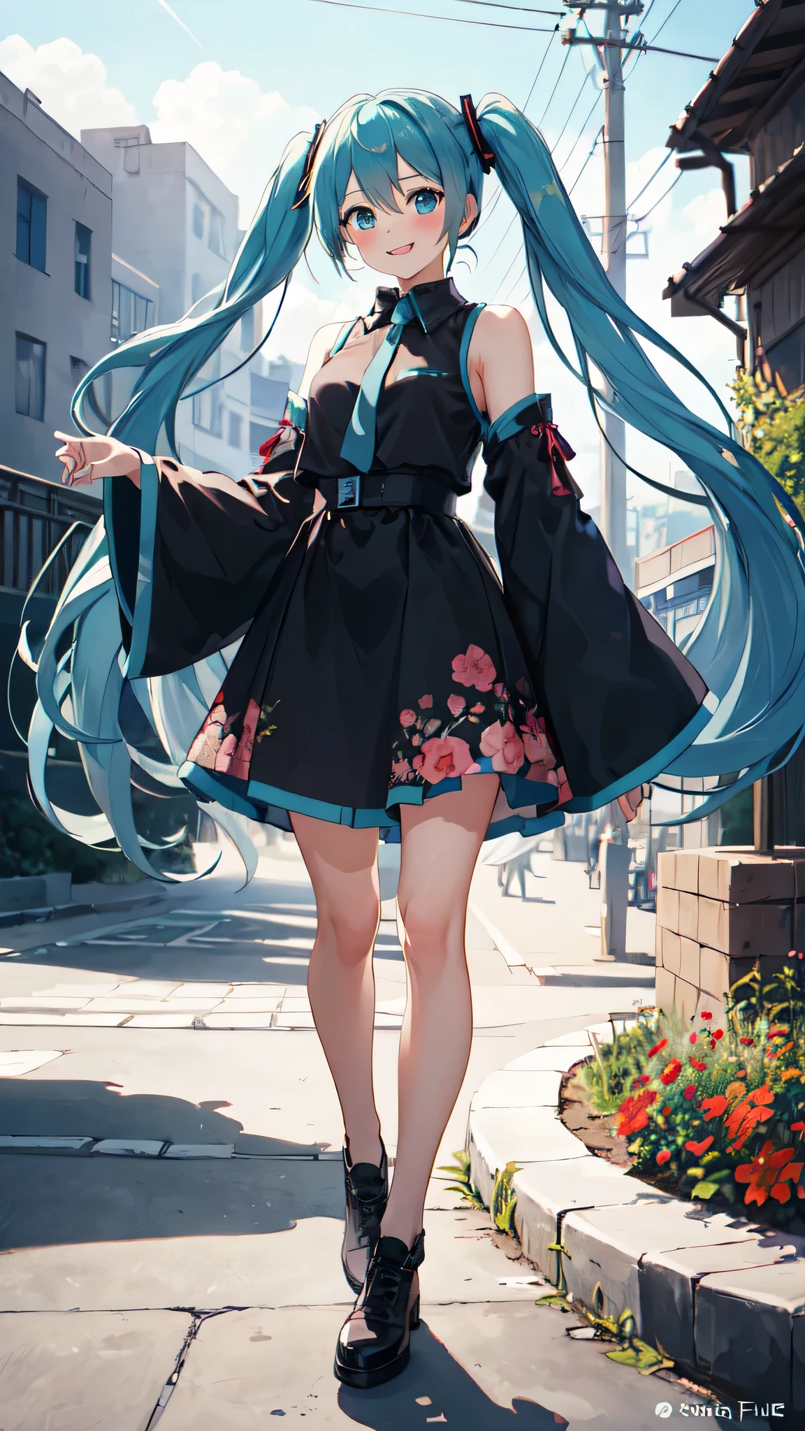 best quality, masterpiece, high resolution, solitary, (Hatsune_future_Blue File:1.10), 1 girl, Wide sleeves, Long sleeve, Looking at the audience, Heart, blush, flowering, Smile, outdoor, Residence, Print  ，full-body shot，on stage