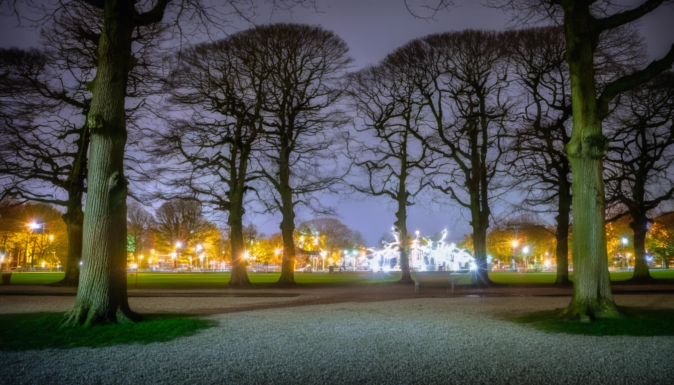 Night view of a park with several trees and lights, Nighttime foreground,shot with a canon 20mm lens, Moody night lighting