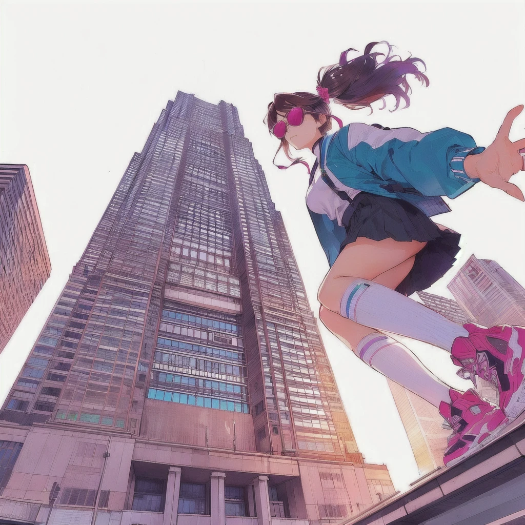 Anime girl in front of the Tokyo Metropolitan Government tall building, Wearing sunglasses,Walk over a small city, Just a joke, 80's anime vibe, Lofi,Neo Tokyo, stepping on towers, Stand on the roof of a skyscraper, Art Deco takes over anime aesthetics, by Ryan Yee, City Girl Fan Art, (Neo Tokyo), By Kentaro Miura