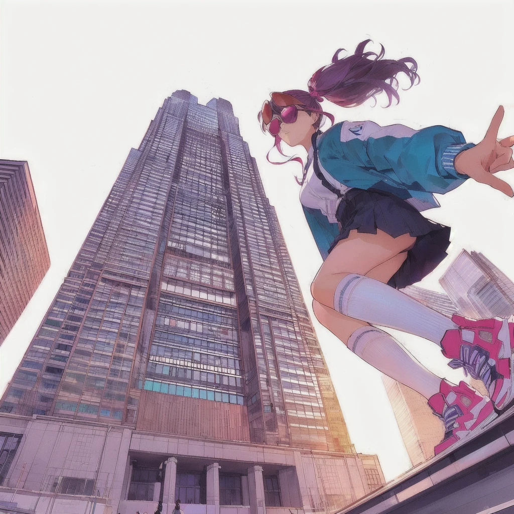 Anime girl in front of the Tokyo Metropolitan Government tall building, Wearing sunglasses,Walk over a small city, Just a joke, 80's anime vibe, Lofi,Neo Tokyo, stepping on towers, Stand on the roof of a skyscraper, Art Deco takes over anime aesthetics, by Ryan Yee, City Girl Fan Art, (Neo Tokyo), By Kentaro Miura