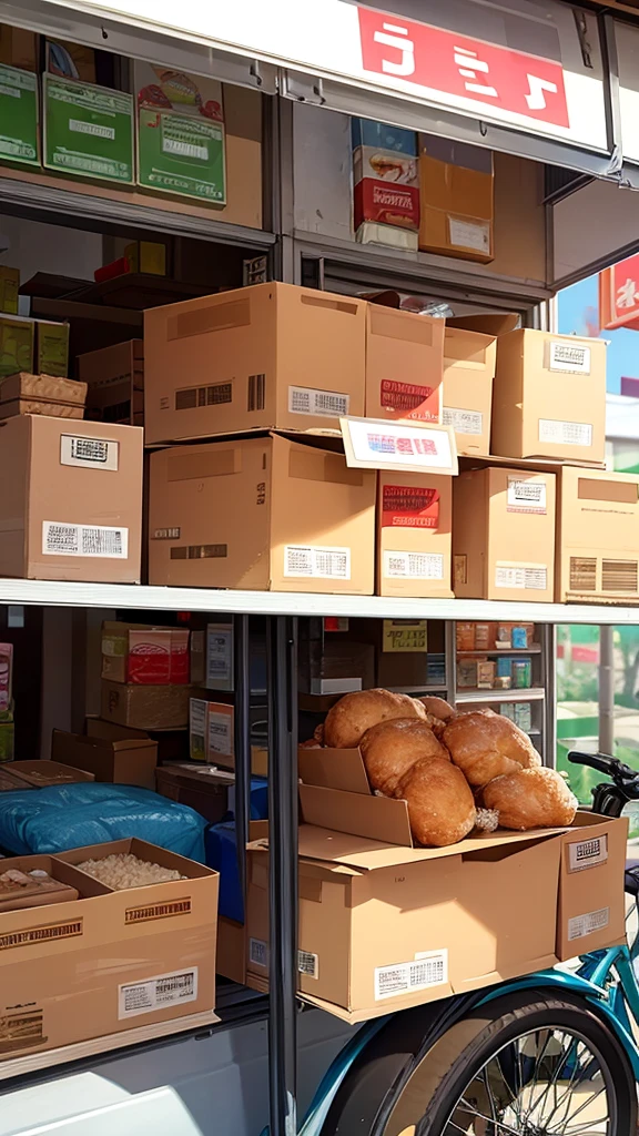 Food delivery rider Receiving many orders of food, hanging full food on the side of boxes at a discount for sale with Phum Phuang rice.