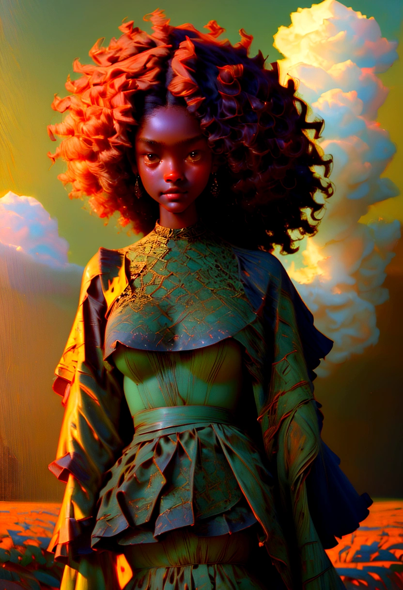 a beautiful dark skin ebony girl with a green dress, afro curly hair, in a wheat farm, digital art, sunlight, beauty, (best quality,4k,8k,highres,masterpiece:1.2) painting,sharp focus ,extreme detail description,professional,vivid colors ,portrait,photography, lighting,warm tones,natural lighting