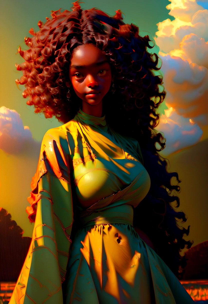 a beautiful dark skin ebony girl with a green dress, afro curly hair, in a wheat farm, digital art, sunlight, beauty, (best quality,4k,8k,highres,masterpiece:1.2) painting,sharp focus ,extreme detail description,professional,vivid colors ,portrait,photography, lighting,warm tones,natural lighting