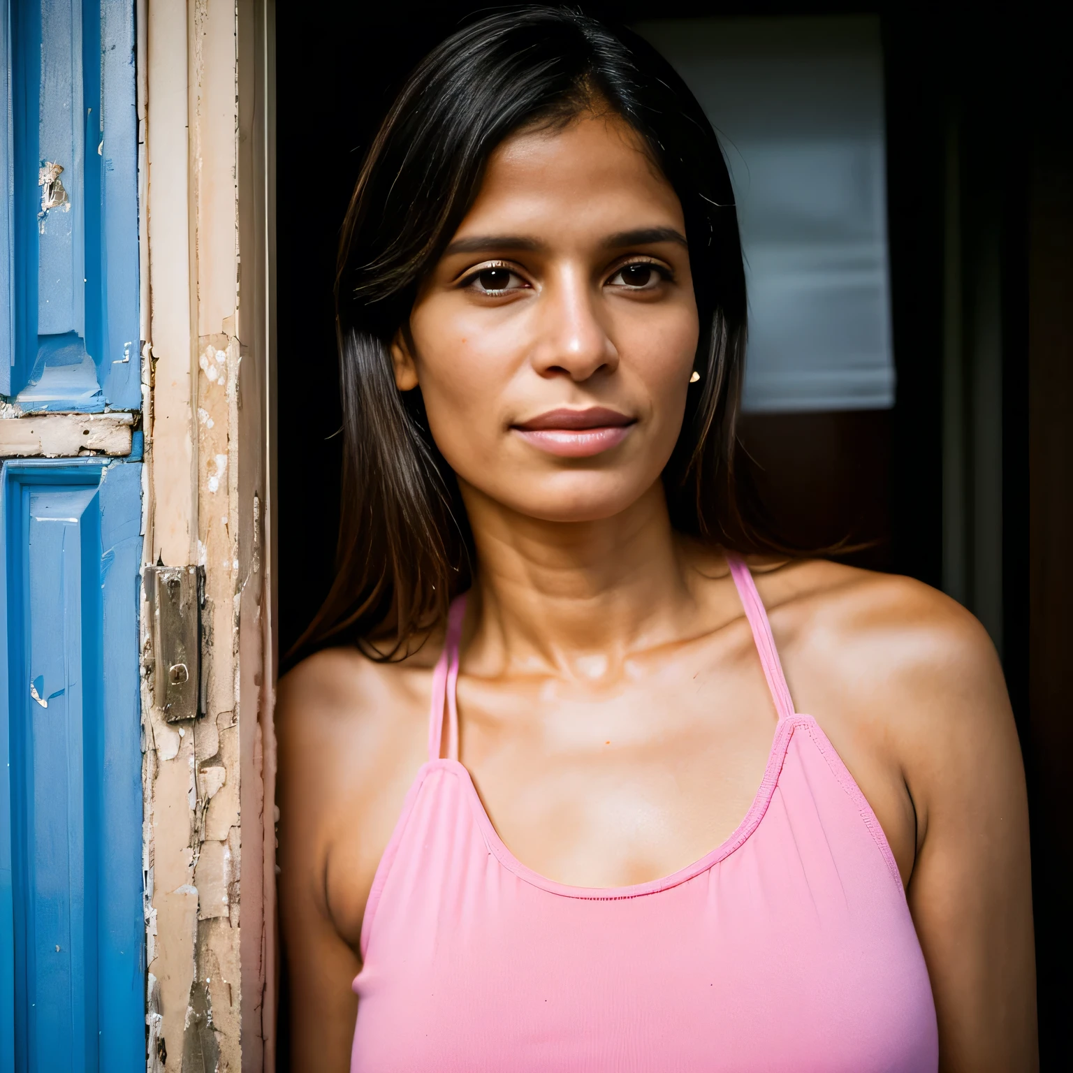 there is a woman standing in a doorway with a pink tank top, malika favre, by Nándor Katona, 3 5 year brazilian mother, 30-year-old woman from cuba, fernanda suarez, portrait of a 40 years old women, sandra chevier, 40 years old women, caroline gariba