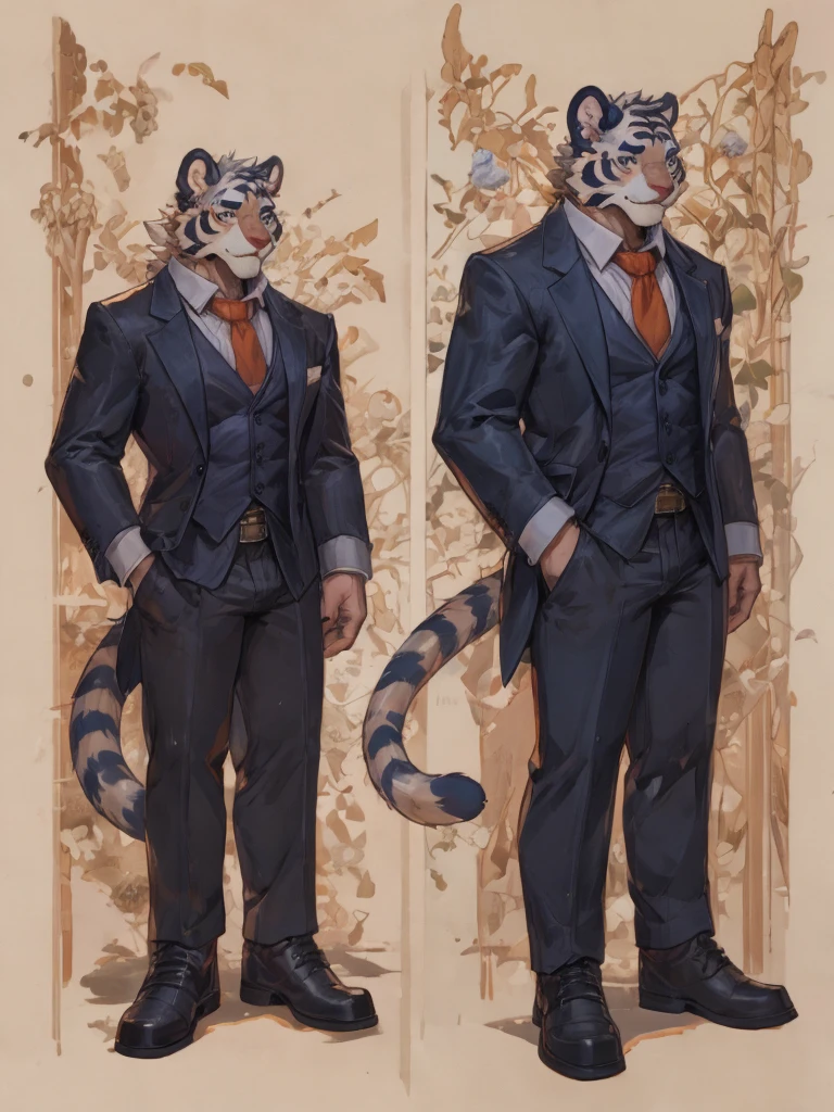 {{bara extremely handsome white tiger,}} {{white fur,}} white, wearing elegant ornate suit jacket, trousers, white dress shirt and necktie, white fluffy furry body and limbs, loafers, very tall, very broad shoulders, narrow waist, muscular arms, massive pecs, purple eyes, very long legs, massive bulge, sophisticated hot look, full body, 3/4 view, best quality, high quality, silver earring on left ear, sultry smirk, multiple views, character sheet