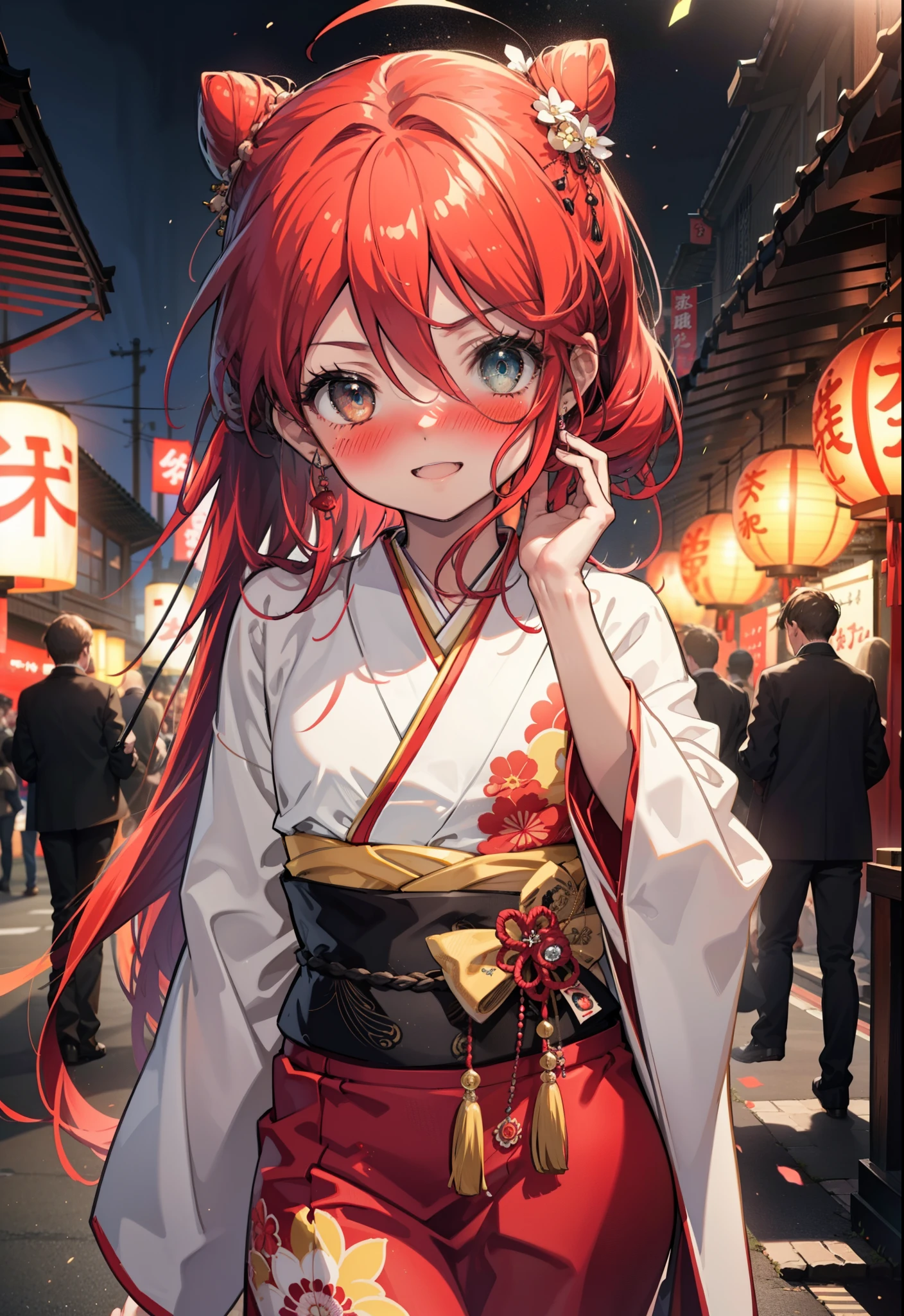 Shana,灼眼のShana,Long Hair, Redhead, Red eyes,Ahoge,smile,blush,Open your mouth,Hair Bun, single Hair Bun,blush,Red Kimono,Thick sleeves,Red long skirt,日本のfestival,夏festivalの屋台,Red lantern, break looking at viewer, Upper Body, break outdoors, shrine,festival, break (masterpiece:1.2), Highest quality, High resolution, unity 8k wallpaper, (shape:0.8), (Beautiful and beautiful eyes:1.6), Highly detailed face, Perfect lighting, Highly detailed CG, (Perfect hands, Perfect Anatomy),