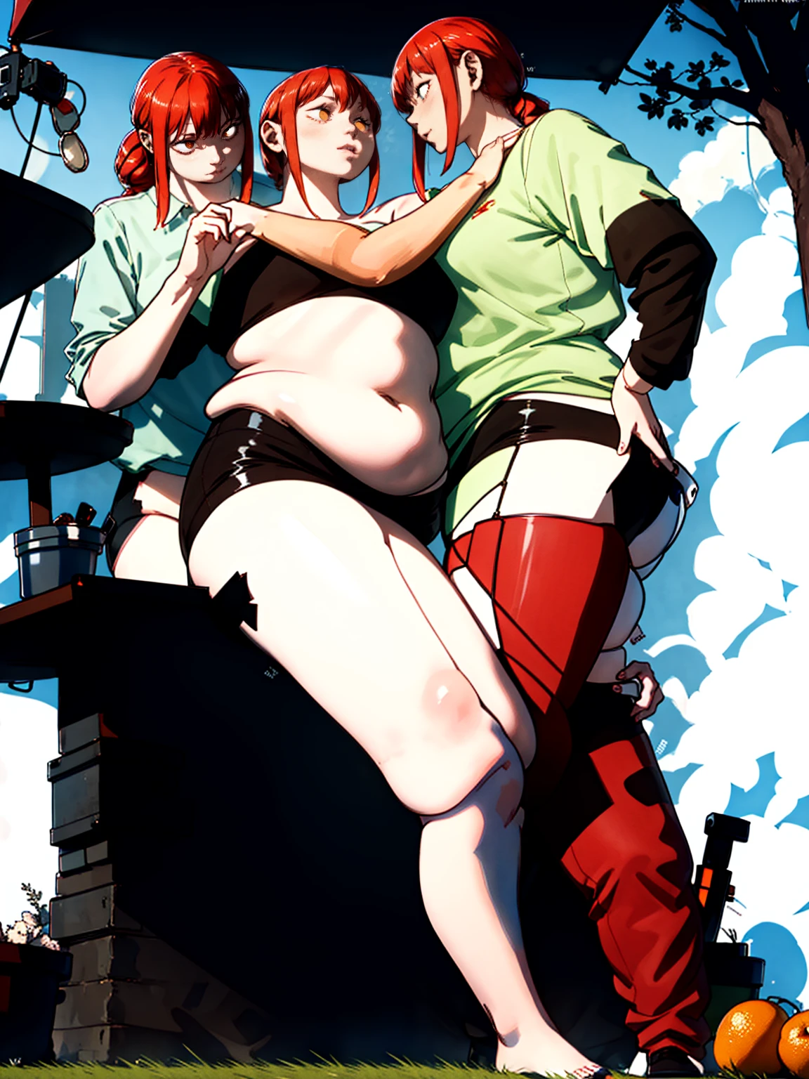 Le personnage Makima de la série animée Chainsaw Man, fragile, obésité morbide, ssbbw, pleine longueur (corps entier 1.1.), fond sombre, obscurité, anatomie correcte 1.1, anatomie correcte de la main, Très féminin, corps gras et rond, grosses Jambes, fesses, beau corps obèse, ventre rond et mou très gras, cheveux roux, Yeux oranges, Cercles rouges pour les écoliers, chemise blanche, jupe noire, cravate noire, pose sexy, réaliste, very détaillé, beau corps, détaillé body, détaillé hands, détaillé, vibrant, détaillé Face, Conception des personnages de Makima. very détaillé, détaillé body, détaillé hands, détaillé Face, Art animé, Hugh Détails, Visage très abattu, détaillé eyes, Illustration ultra fine, Meilleure ombre, détail fin, beautiful détaillé glow, beautiful détaillé, Extraordinairement beau, extremely détaillé, inexpressif, composition épique, Style animé. art animé, Style animé. Jupe noire, chemise blanche, cravatte, pose sexy. Double menton, visage très gras, grosses joues, joues potelées