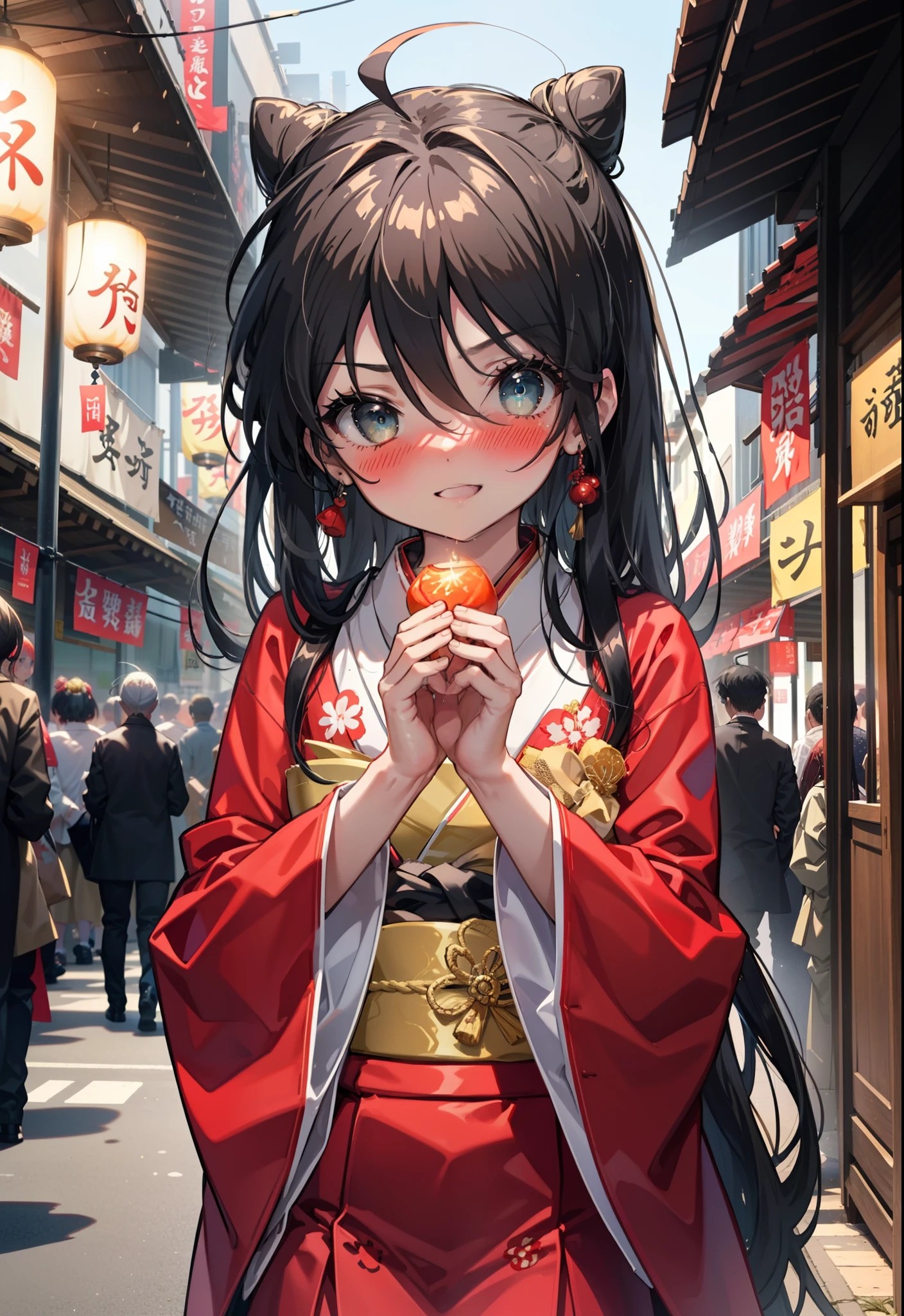 Shana,灼眼のShana,Long Hair, Redhead, Red eyes,Ahoge,smile,blush,Open your mouth,Hair Bun, single Hair Bun,blush,Red Kimono,Thick sleeves,Red long skirt,日本のfestival,夏festivalの屋台,Red lantern, break looking at viewer, Upper Body, break outdoors, shrine,festival, break (masterpiece:1.2), Highest quality, High resolution, unity 8k wallpaper, (shape:0.8), (Beautiful and beautiful eyes:1.6), Highly detailed face, Perfect lighting, Highly detailed CG, (Perfect hands, Perfect Anatomy),