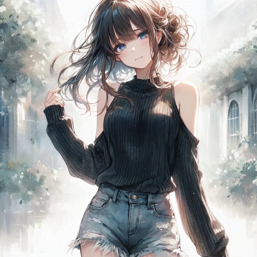 Official art using high-quality hand-drawn watercolor sketch techniques. (best quality,4k,8k,highres,masterpiece:1.2),ultra-detailed,beautiful detailed eyes,A girl with beautiful eyes, everyone, beautiful anime girl, cute anime girl, smooth anime art, anime style, elegant colors, soft lighting, delicate beautiful eyes, very coquettish, (beautiful large breast:1.2), (correct hands:1.2),