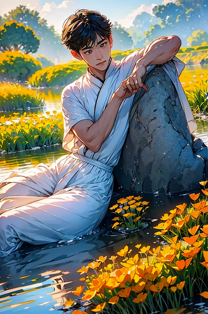 (in 8K、top-quality、​masterpiece:1.2)、1 boy、short-haired、Hair short、Brown-skinned、Blue View、